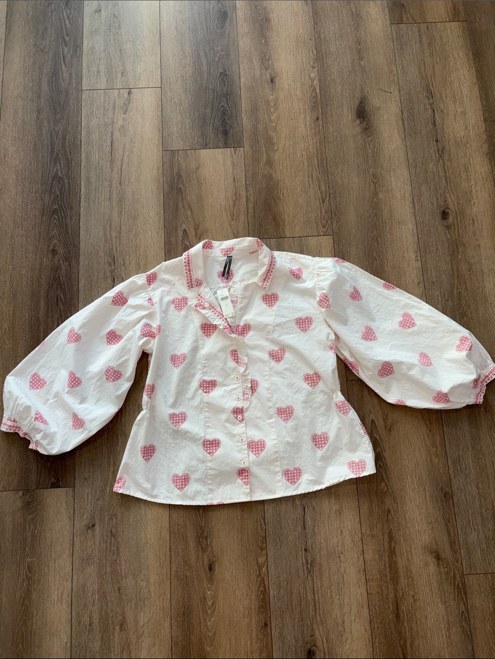 Anthropologie White Cotton Blouse with Pink Heart Print